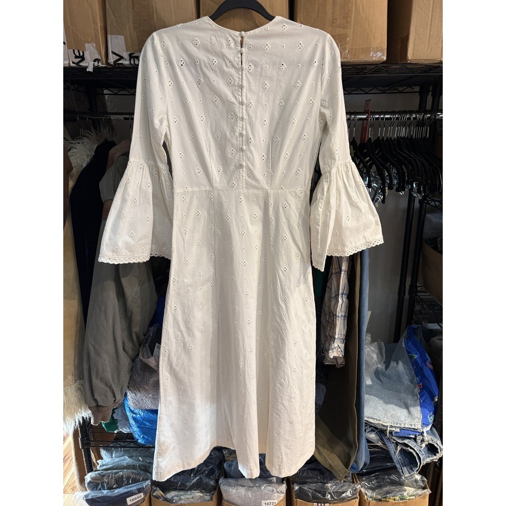 Doen Dress Womens XS White Eyelet Embroidered Cotton Bell Sleeve Midi Boho India - Picture 3 of 11